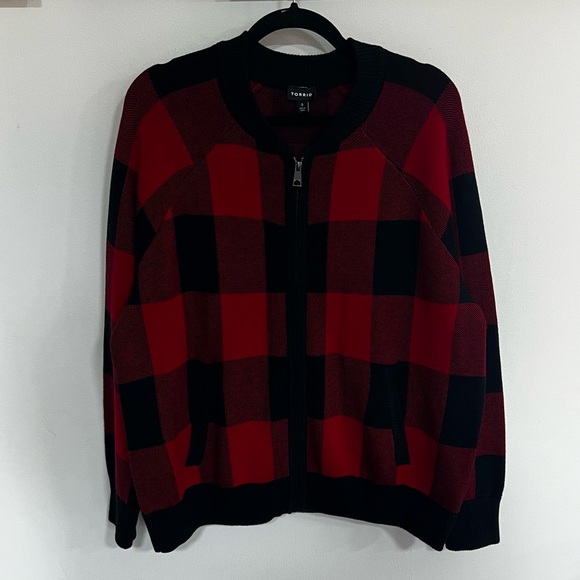 Torrid Cardigan Zip Up Buffalo Plaid Bomber Sweater - Picture 5 of 15